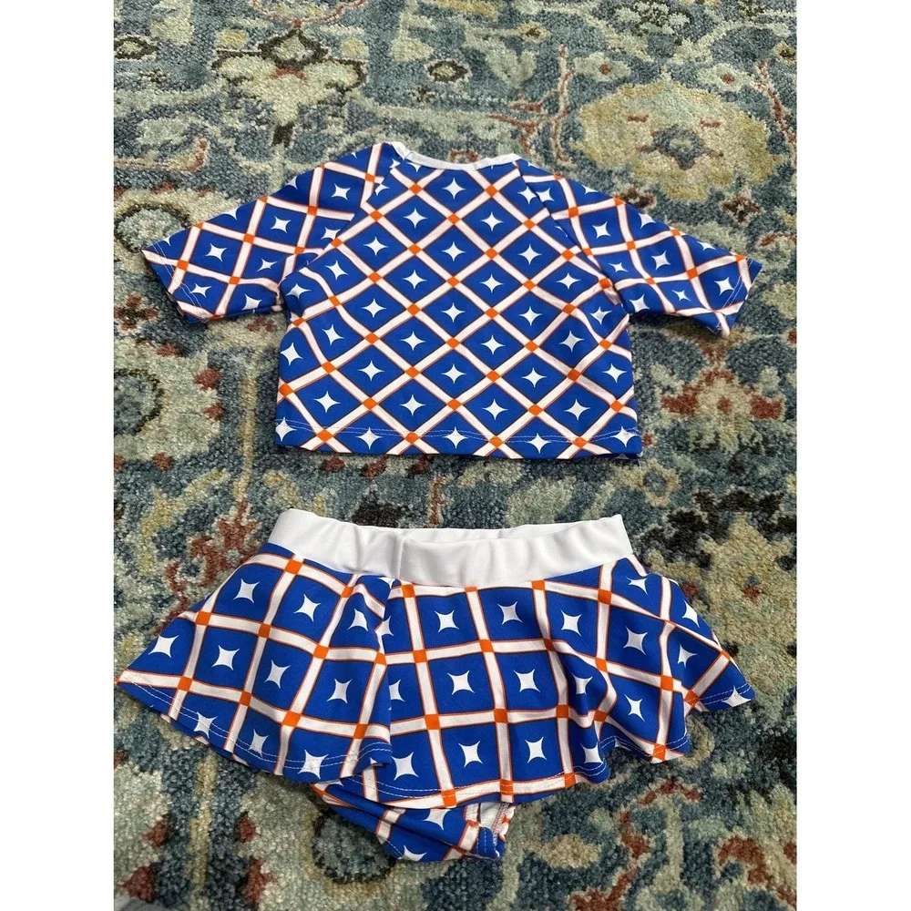 Mia Belle Swimsuit Girls 4T/5Y Blue Orange Geometric Rash Guard Skirt Set EUC‎
